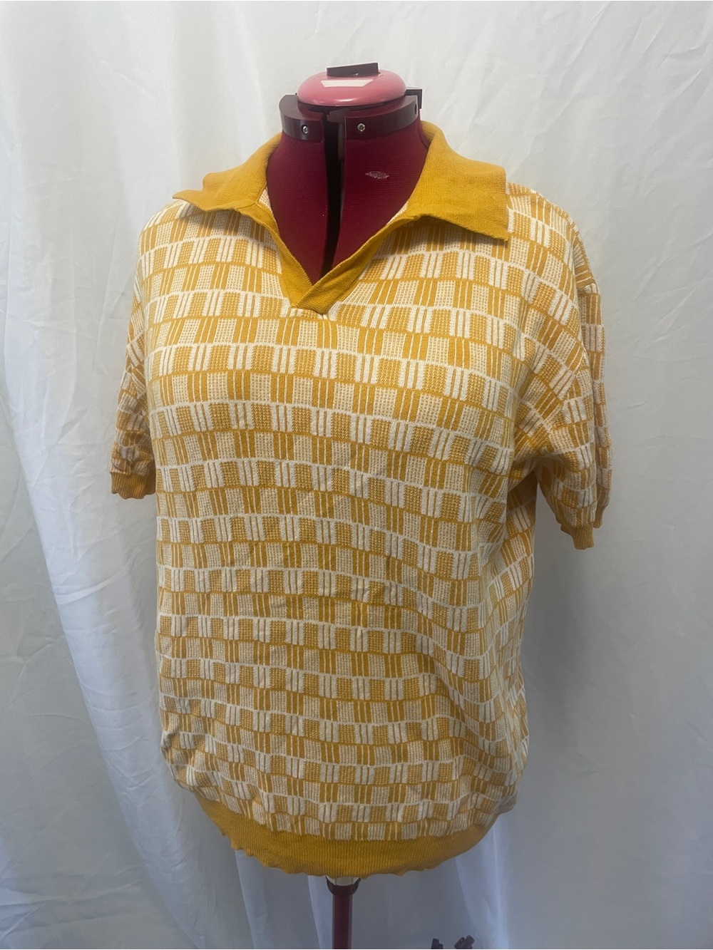 Vintage-Inspired Mustard Check Knit Polo Top - Women